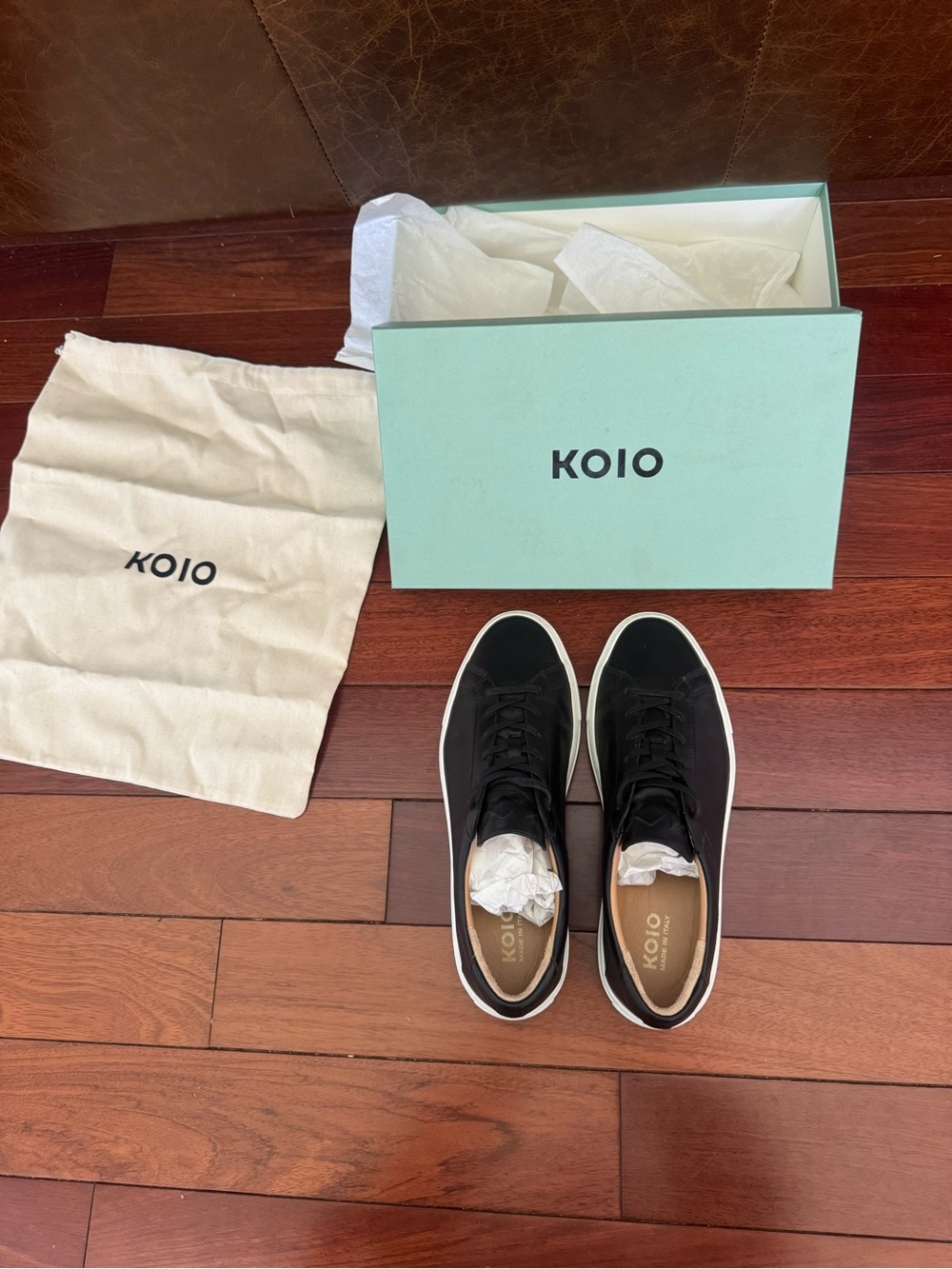 KOIO Men’s Black Italian Leather Low-Top Sneakers with White Sole